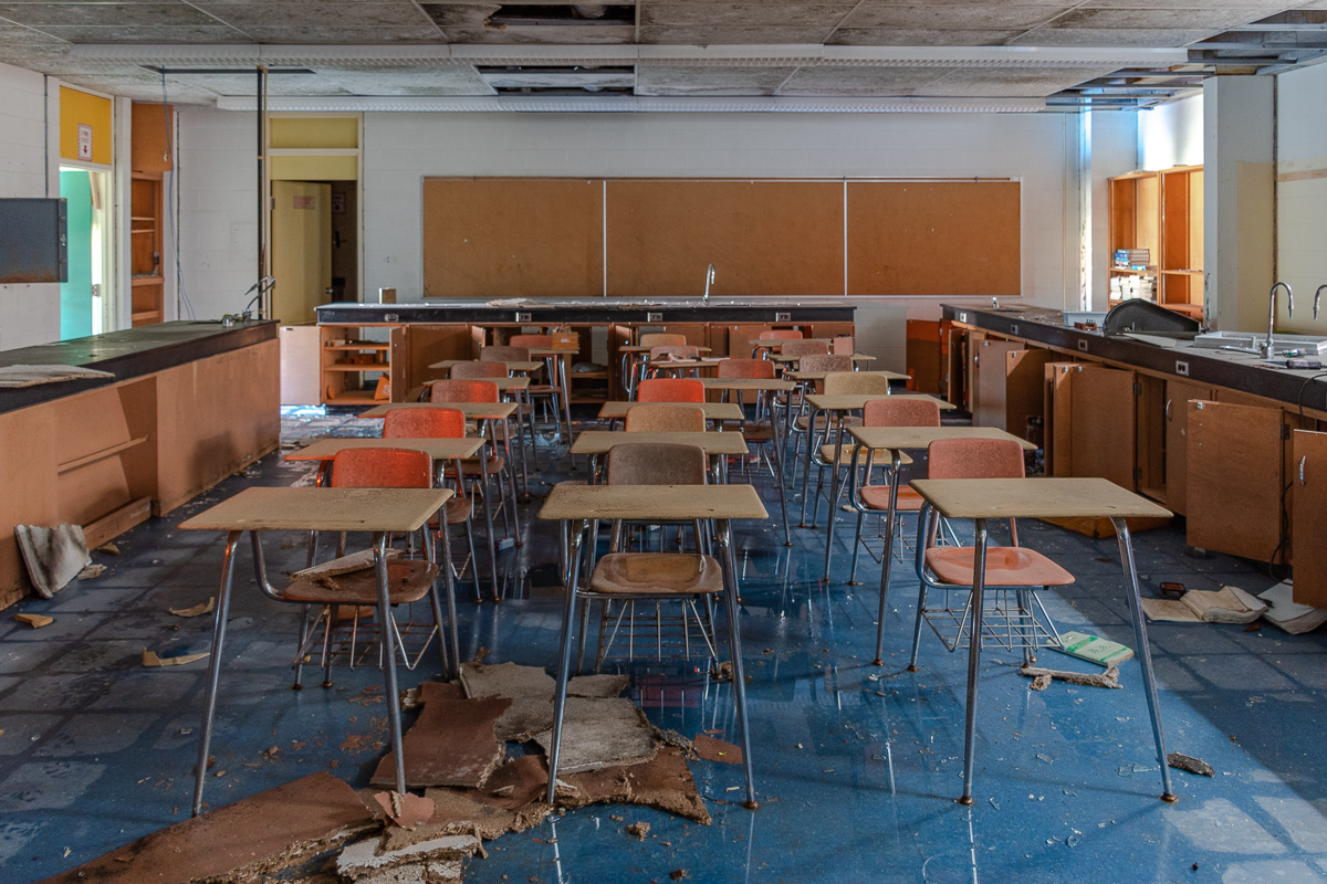 An abandoned high school classroom. 